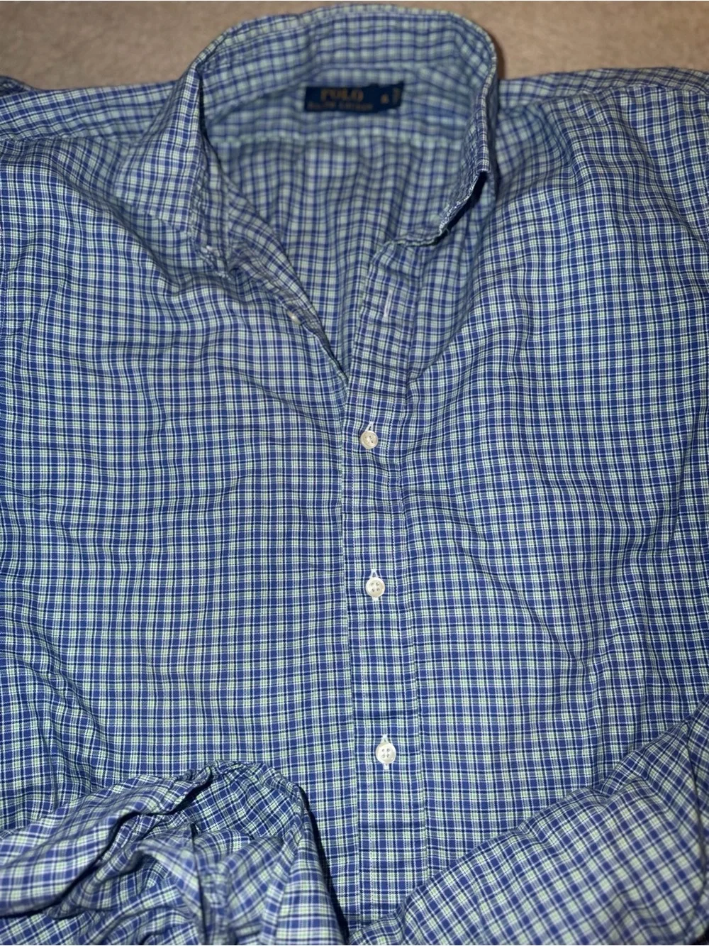 Polo Ralph Lauren button-down shirt features a blue and green plaid pattern XL
